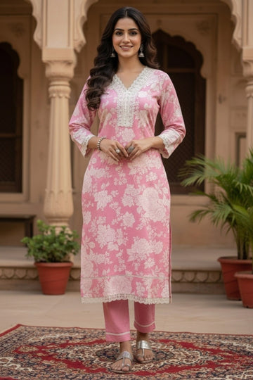 Pink Floral Cotton Kurta Set with Crochet Lace Detailing – 2PC Set