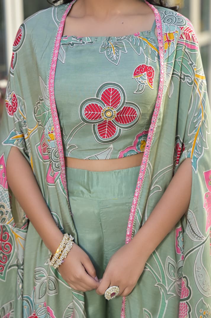 Sunshine Bloom Green Co-ord Set with Printed Cape