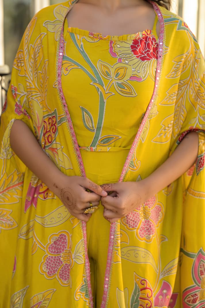 Sunshine Bloom Yellow Co-ord Set with Printed Cape