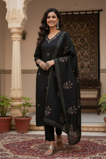 Elegant Black Cotton Embroidered 3-Piece Suit Set