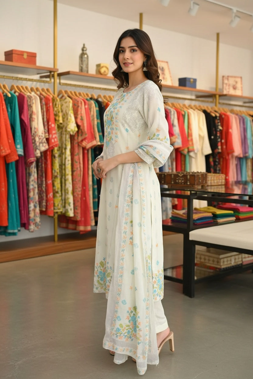 Soft Off White Floral Embroidered Three-Piece Suit Set