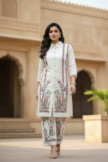 Floral Embroidery Khadi Cotton Co-ord Set
