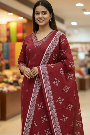 Vintage-Inspired Maroon Kurta Dupatta Set with Minimal Motifs