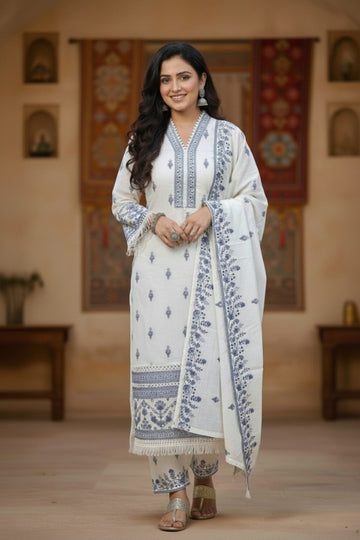 Elegant Off-White & Blue Embroidered Cotton Suit Set with Dupatta