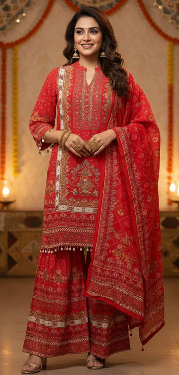 Elegant Scarlet Red Ethnic Suit Set with Sharara & Dupatta