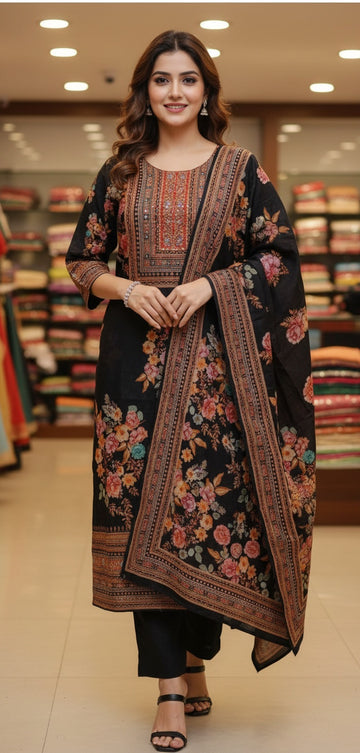 Black Floral Printed Ethnic Suit Set with Dupatta