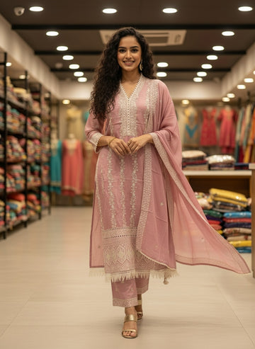 Pastel Peach Embroidered Cotton Suit Set with Dupatta