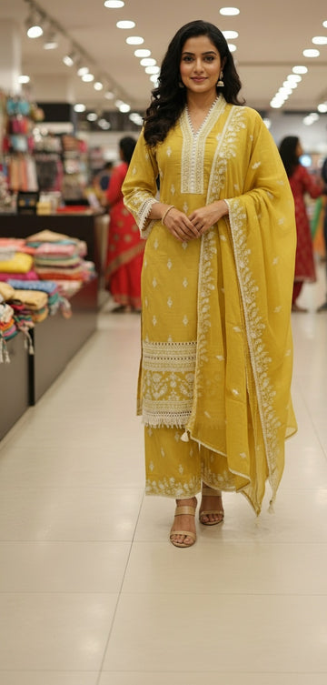 Mehndi Green Thread Embroidered Cotton Kurta Pant Dupatta Set
