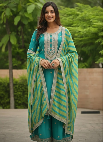 Festive Firozi Palaazo Suit Set with Intricate Embroidery & Striped Dupatta