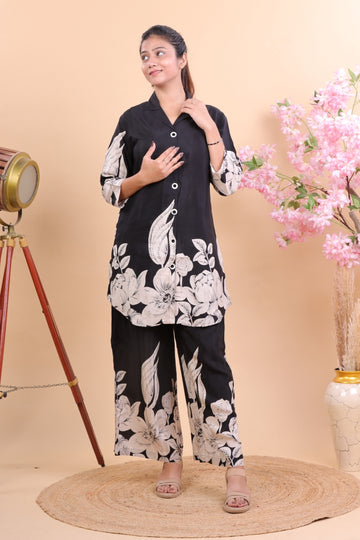 Elegant Black & White Floral Printed Co-ord Set