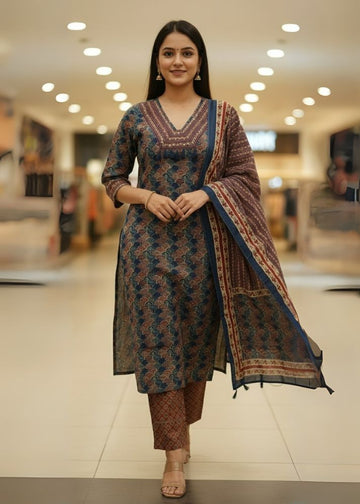 Multi Color Blue Ajrakh Print Cotton Kurta Pant Dupatta Set