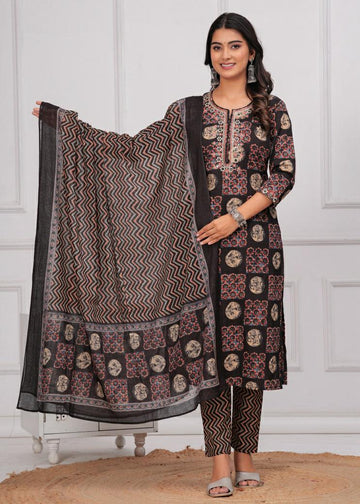 Black & Rust Geometric Print Cotton Kurta Pant Dupatta Set