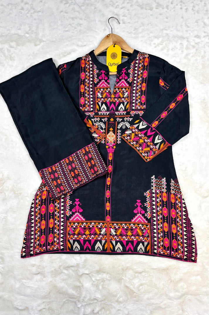 Black Muslin Co-ord Set with Multicolor Ethnic Print