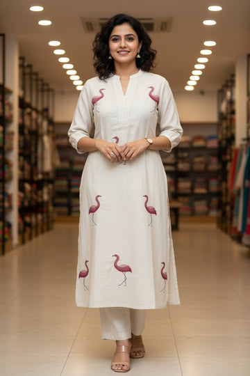 Elegant Off-White Cotton Kurta Set with Subtle Embroidery – 2 Piece Everyday Classic