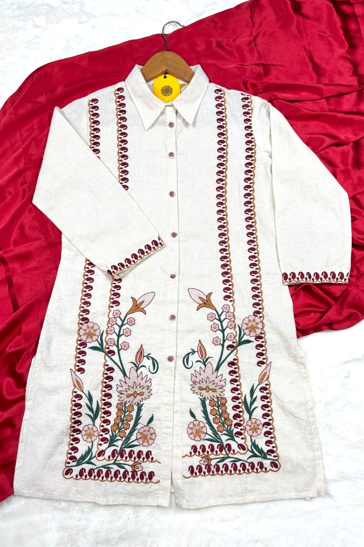 Floral Embroidery Khadi Cotton Co-ord Set