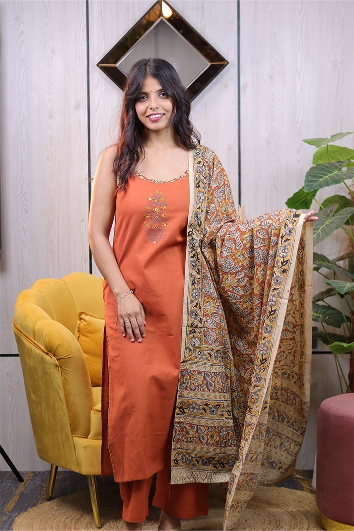 Rust Orange Cotton Kurta Set with Kalamkari Dupatta – 3 Piece Ethnic Ensemble