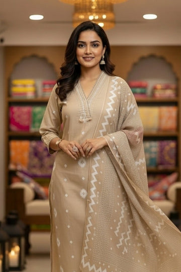 Beige Ikat Cotton Suit Set with Mulmul Dupatta – 3 Piece Elegant Ethnic Wear