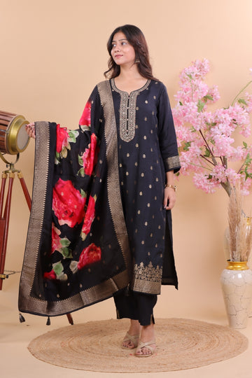 Luxury Black Miscos Kurta Set with Golden Embroidery & Printed Dupatta