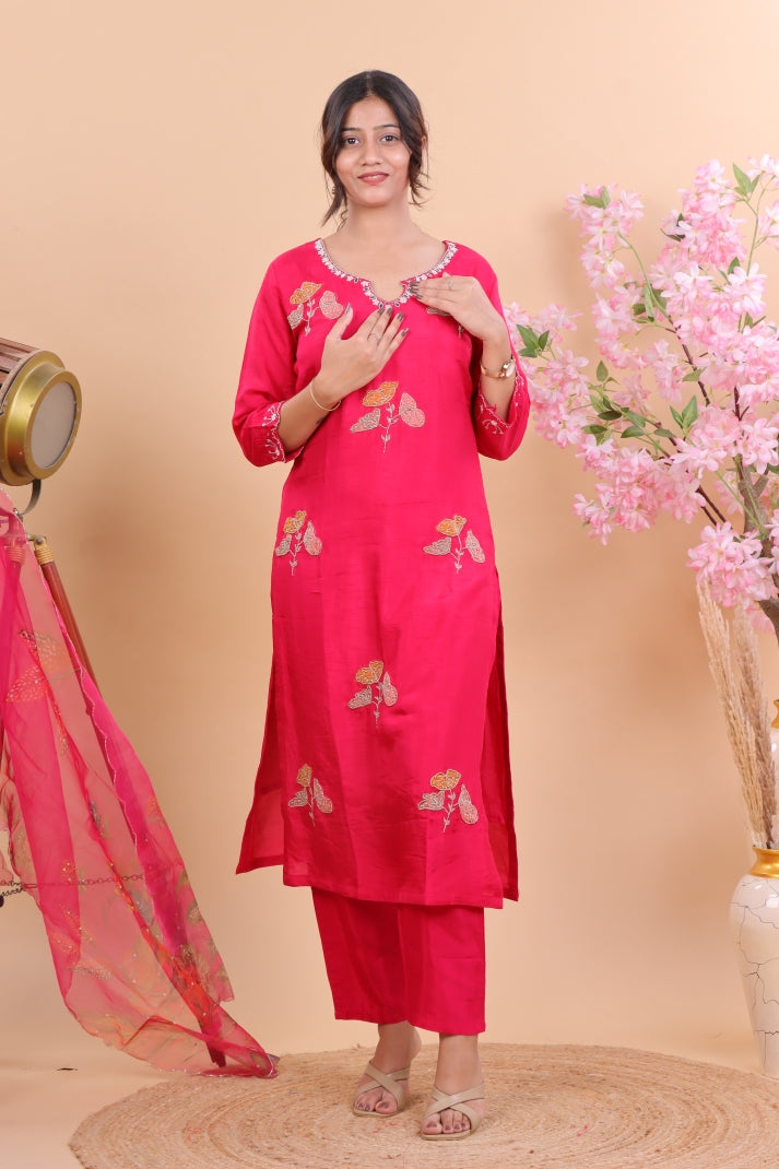 Graceful Pink Silk Suit with Hand Embroidered Floral Detailing & Dupatta