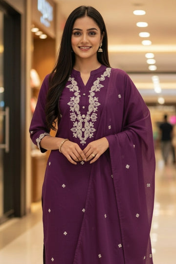 Majestic Wine Kurta Pant Dupatta Set with Fine White Threadwork