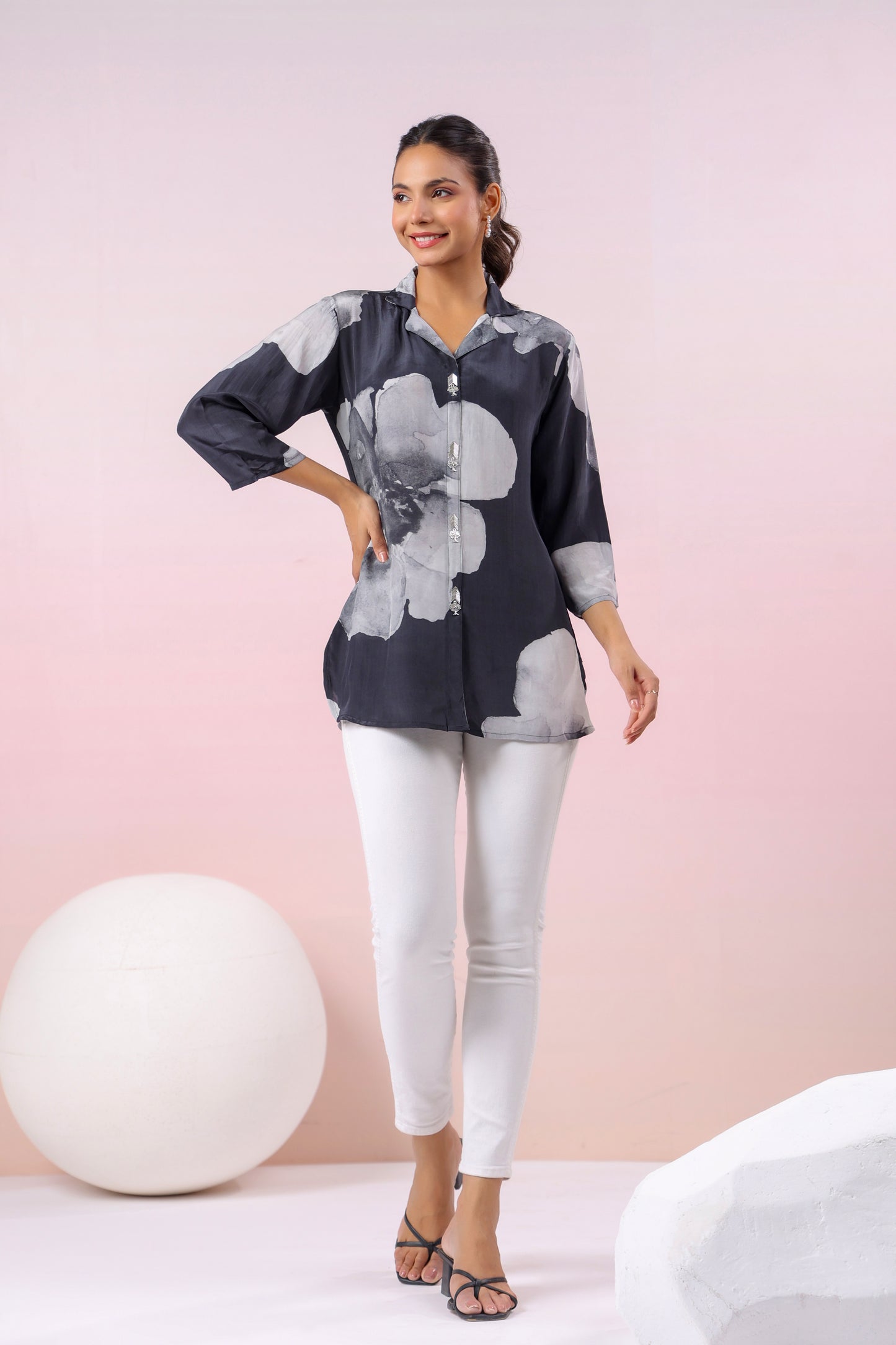 Black Russian Silk Short Kurti