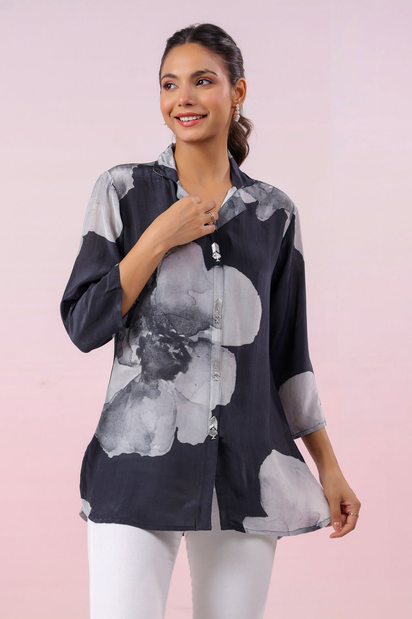 Black Russian Silk Short Kurti