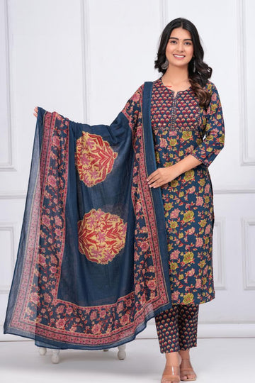 Artisanal Blue with multi color Floral Kurta Pant Set with printed Dupatta