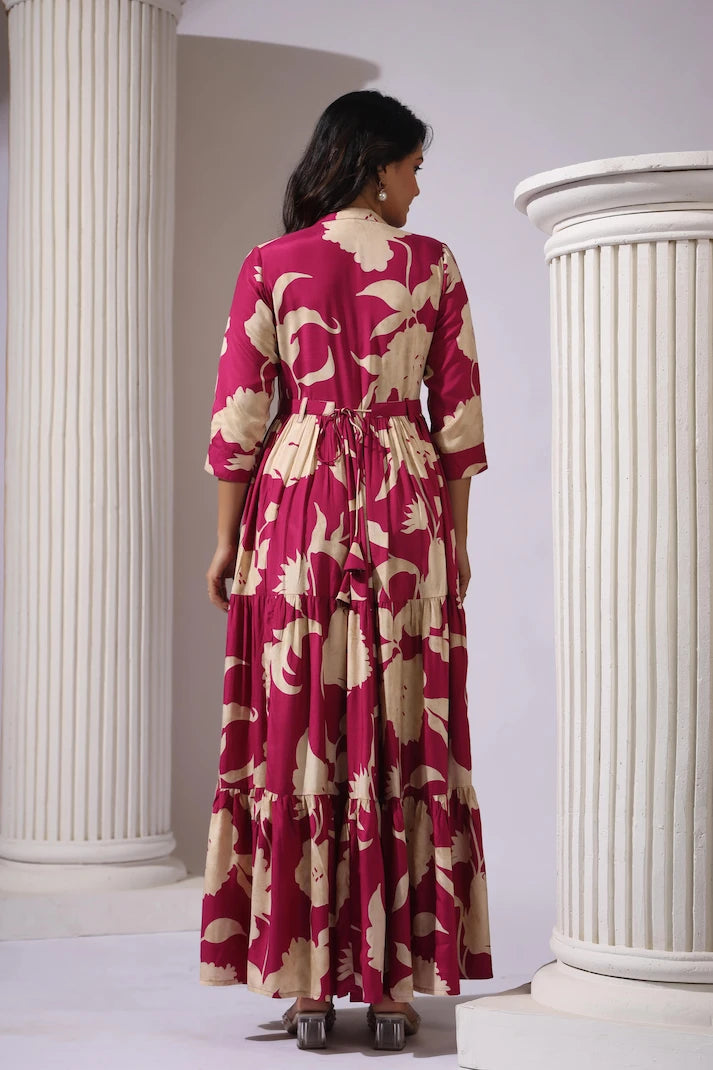 Wine Tiered Digital Print Dress with Belt