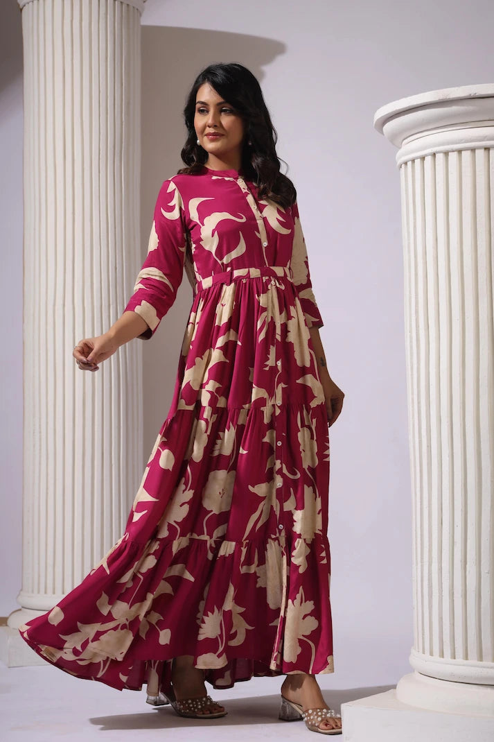 Wine Tiered Digital Print Dress with Belt