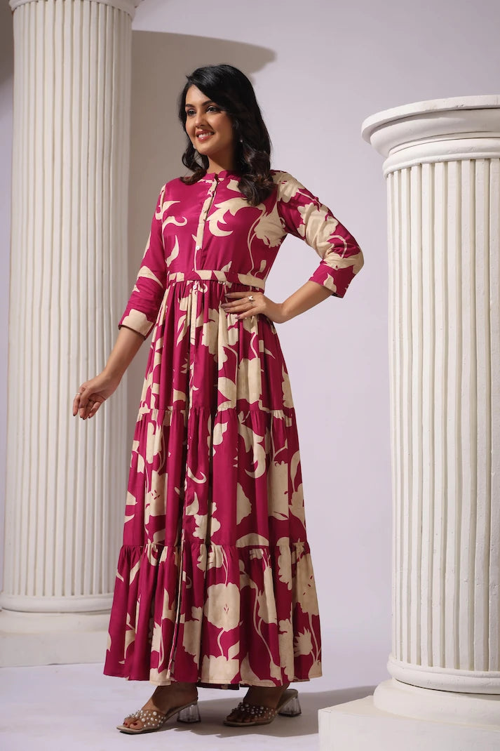 Wine Tiered Digital Print Dress with Belt