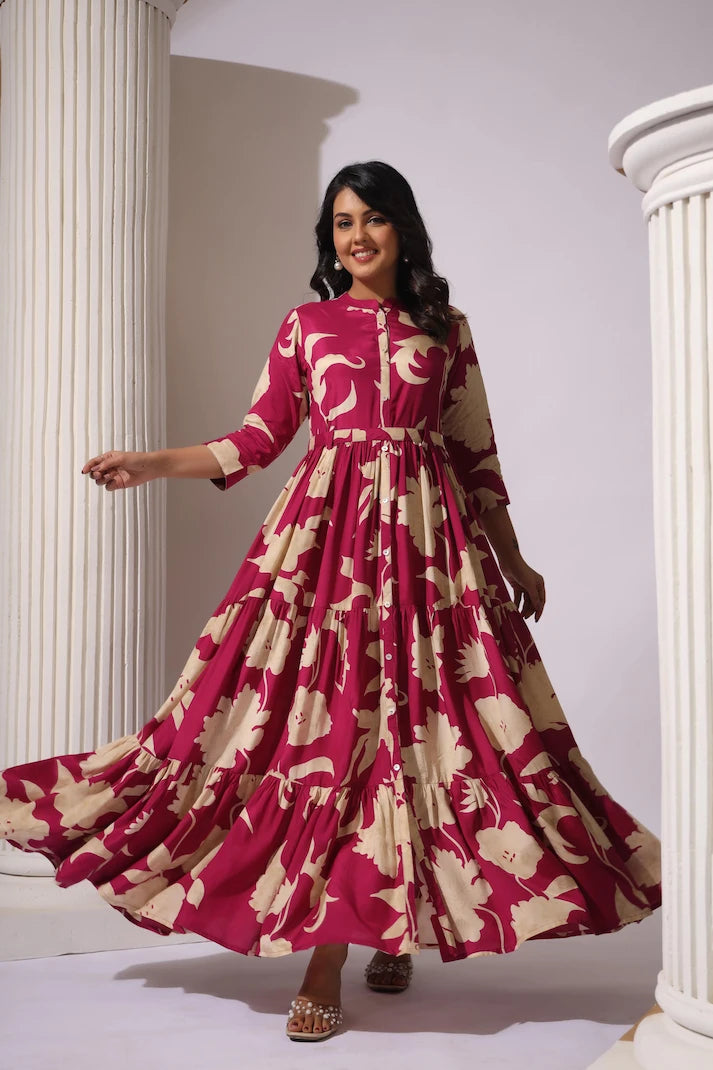 Wine Tiered Digital Print Dress with Belt