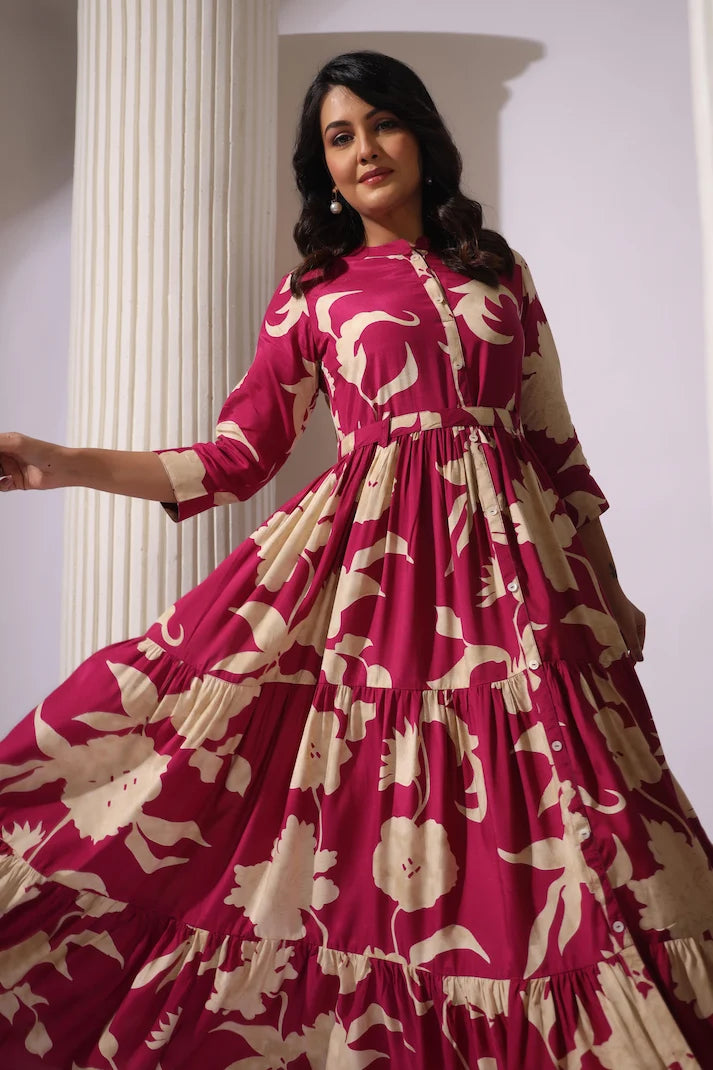 Wine Tiered Digital Print Dress with Belt