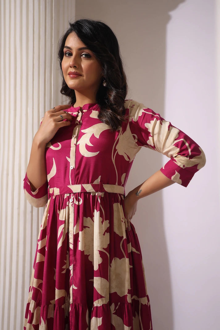 Wine Tiered Digital Print Dress with Belt