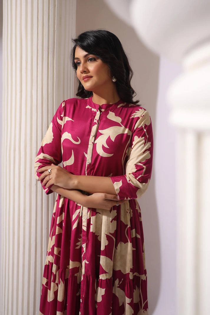 Wine Tiered Digital Print Dress with Belt