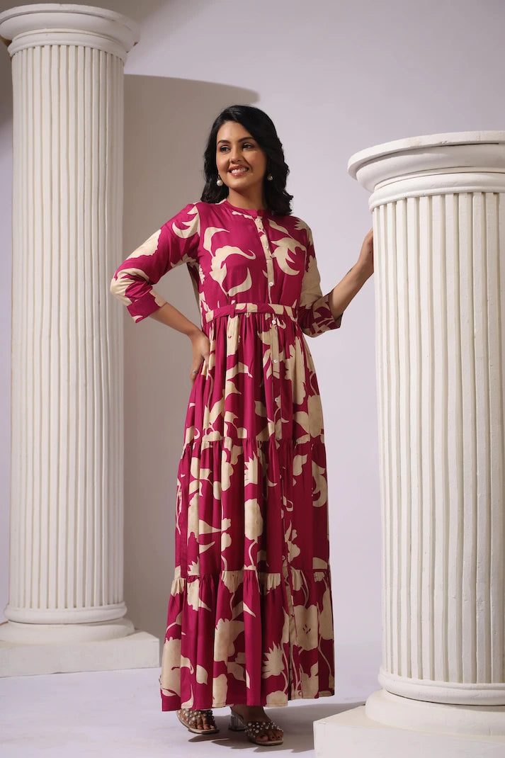 Wine Tiered Digital Print Dress with Belt