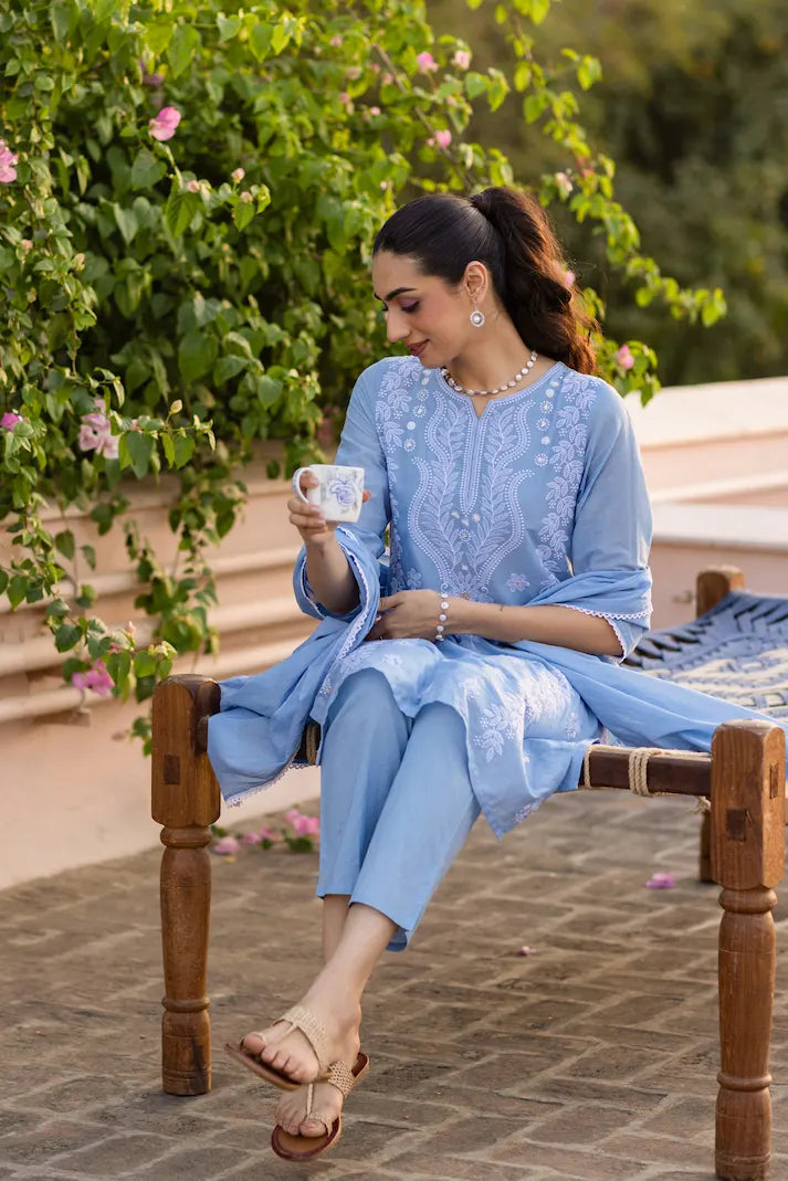 Azure Bloom Chikankari Suit Set