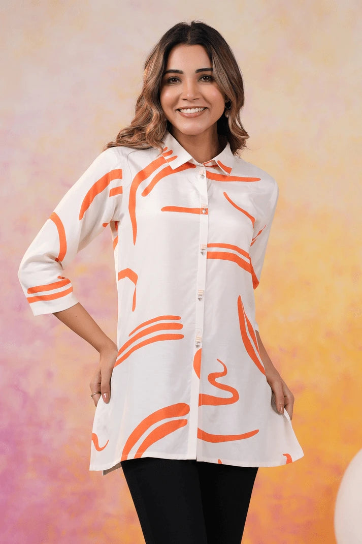 Abstract Orange Russian Silk Short Kurti