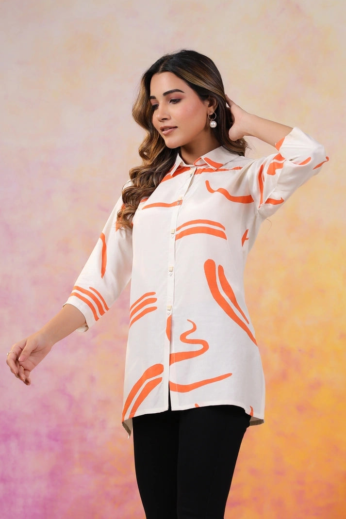 Abstract Orange Russian Silk Short Kurti