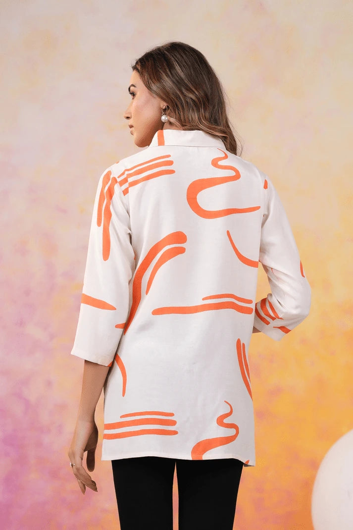 Abstract Orange Russian Silk Short Kurti