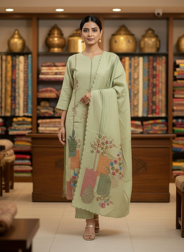 Pista Green Kurta & Pants with Dupatta – Artisanal Embroidery