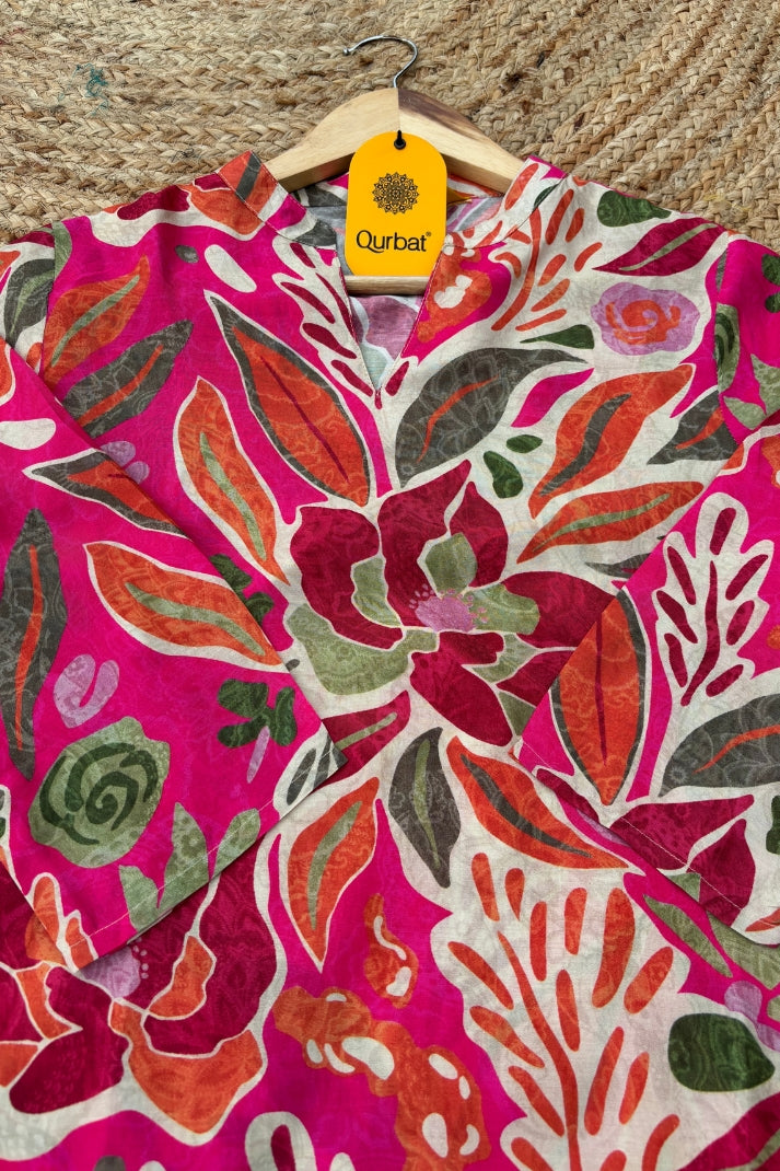 Vibrant Pink Floral Muslin Short Kurti – Bold, Breezy & Beautiful