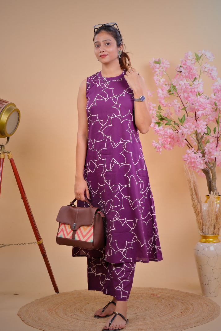 Stylish Purple Sleeveless Kurta with Matching Pants