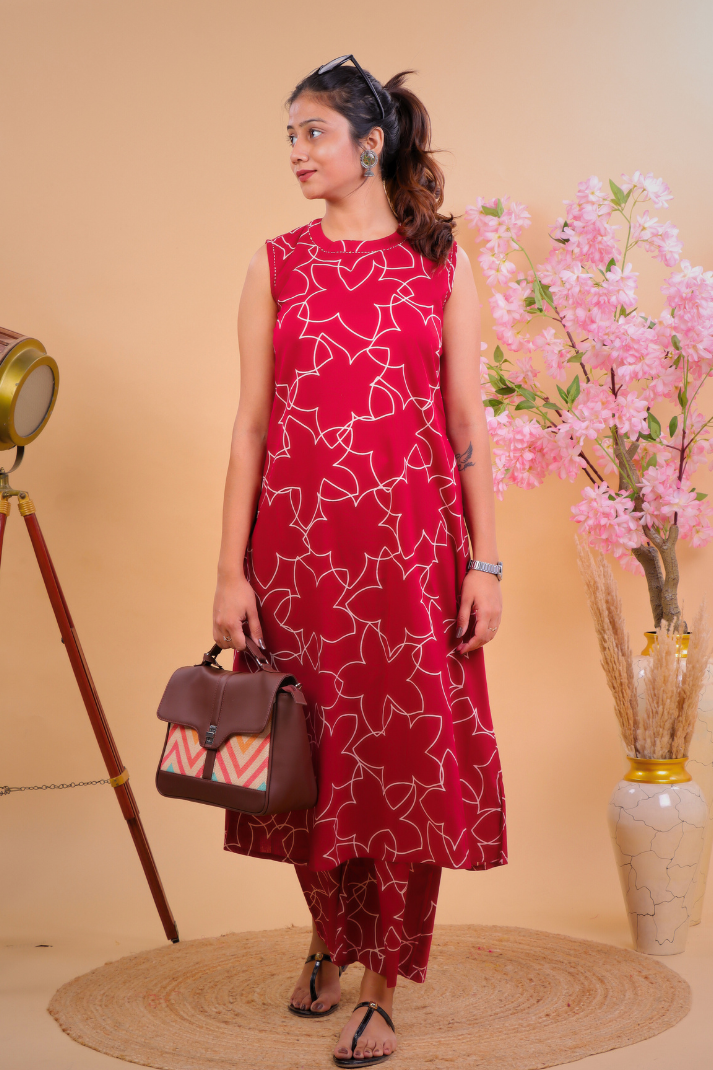Stylish Maroon Sleeveless Kurta with Matching Pants