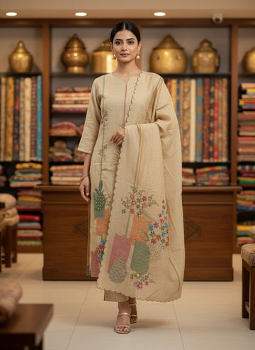 Neutral Beige Kurta & Pants with Dupatta – Artisanal Embroidery