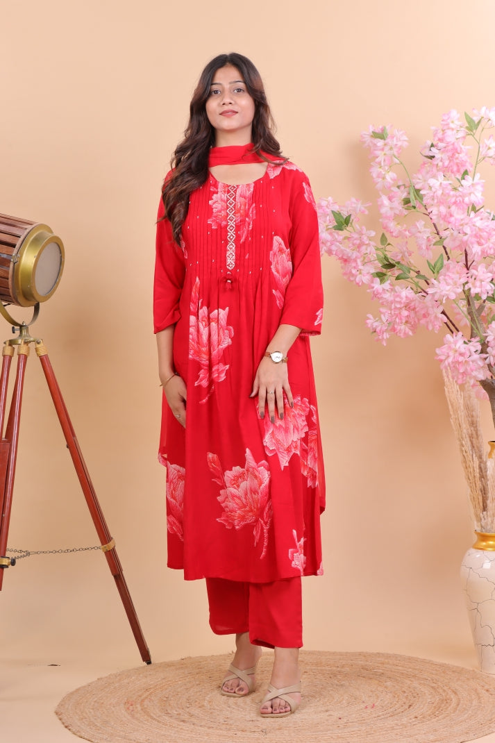 Radiant Red Rayon Floral Printed Suit Set with Dupatta