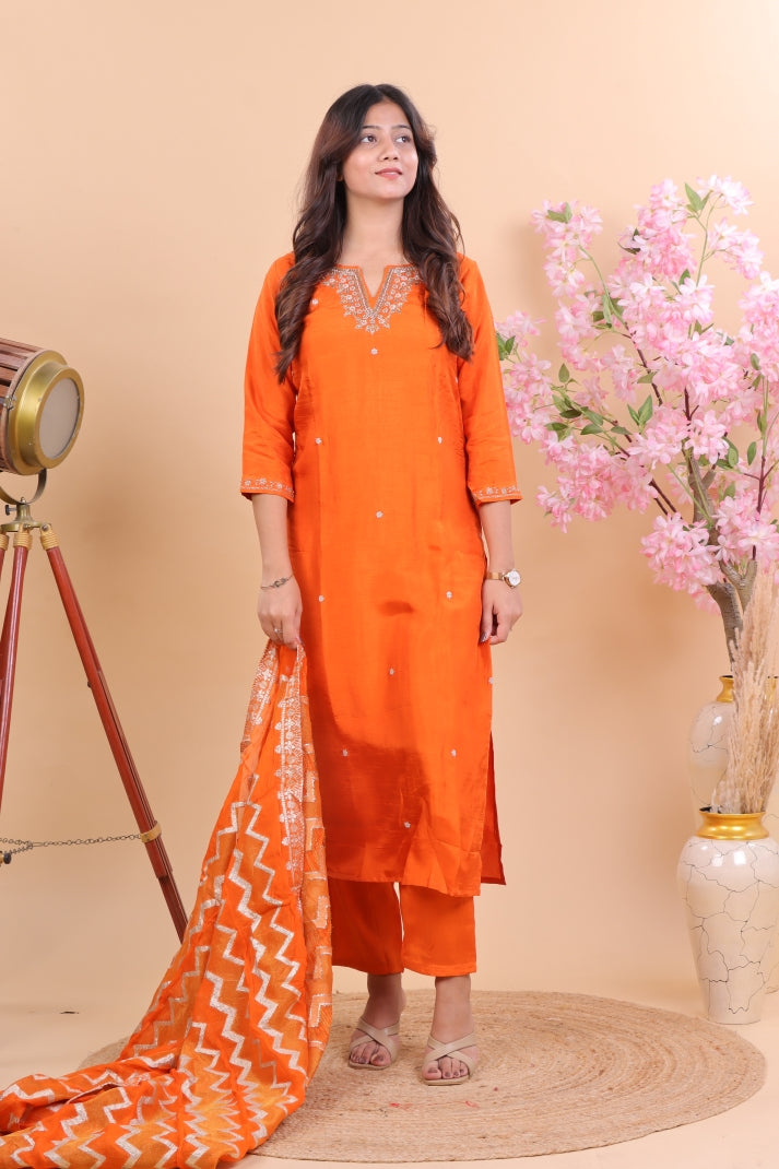 Vibrant Orange Miscos Suit Set with Embroidered Kurta & Patterned Dupatta