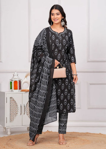 Classic Black & Grey Ikat Cotton Kurta Pant Dupatta Set