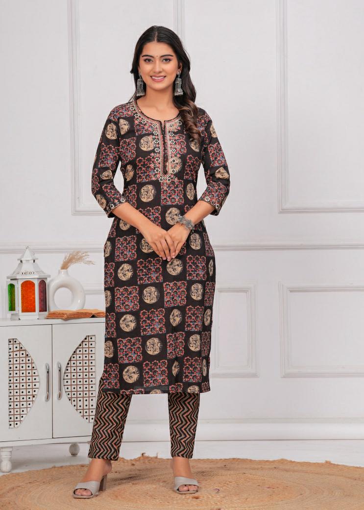 Black & Rust Geometric Print Cotton Kurta Pant Dupatta Set