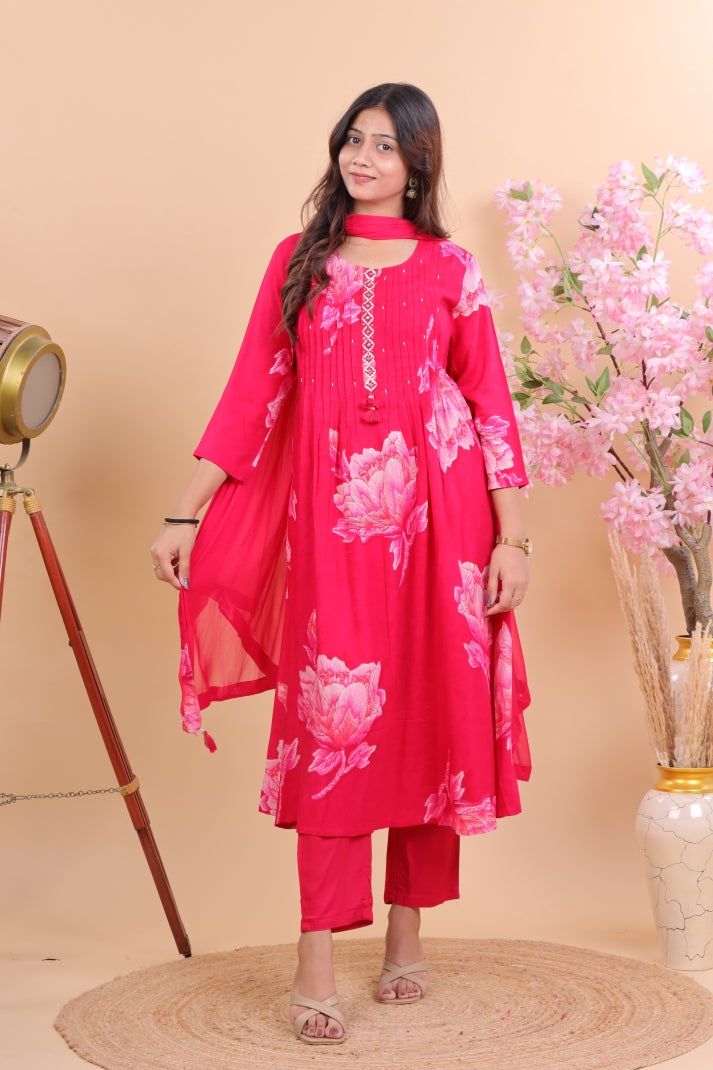 Radiant Magenta Rayon Floral Suit Set with Dupatta