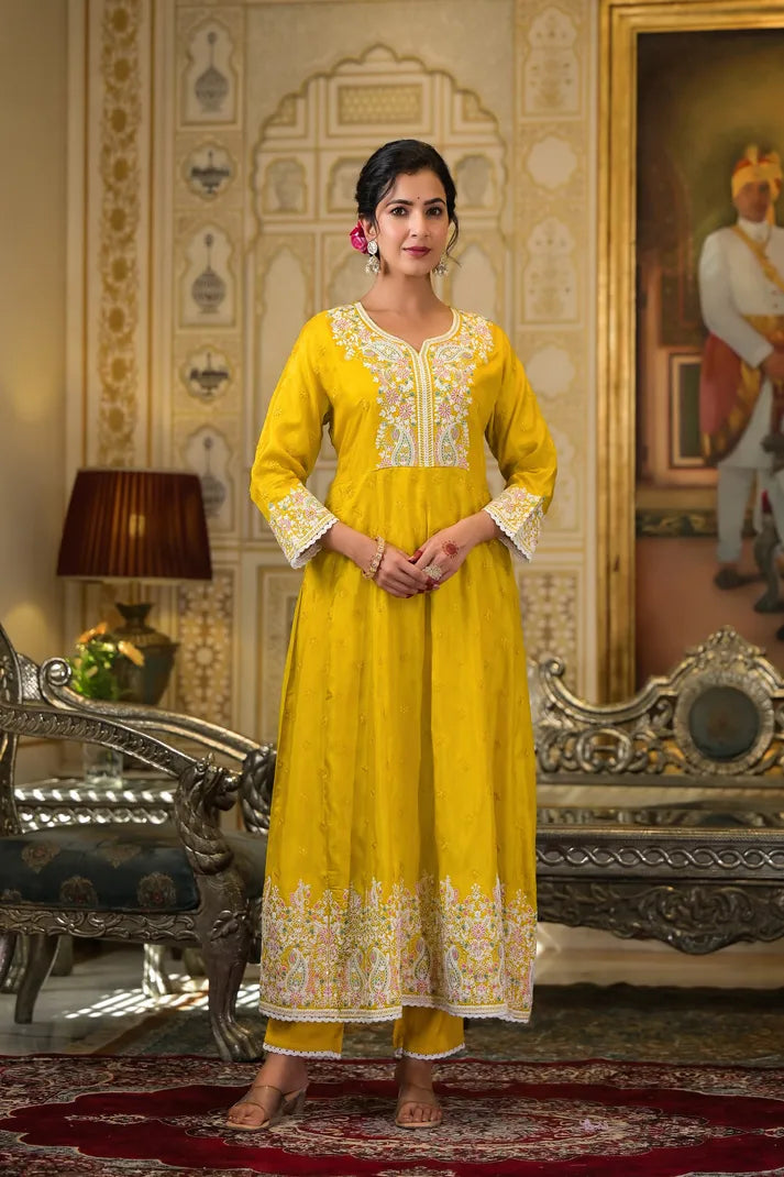 Golden Paisley Embroidered Anarkali Suit Set